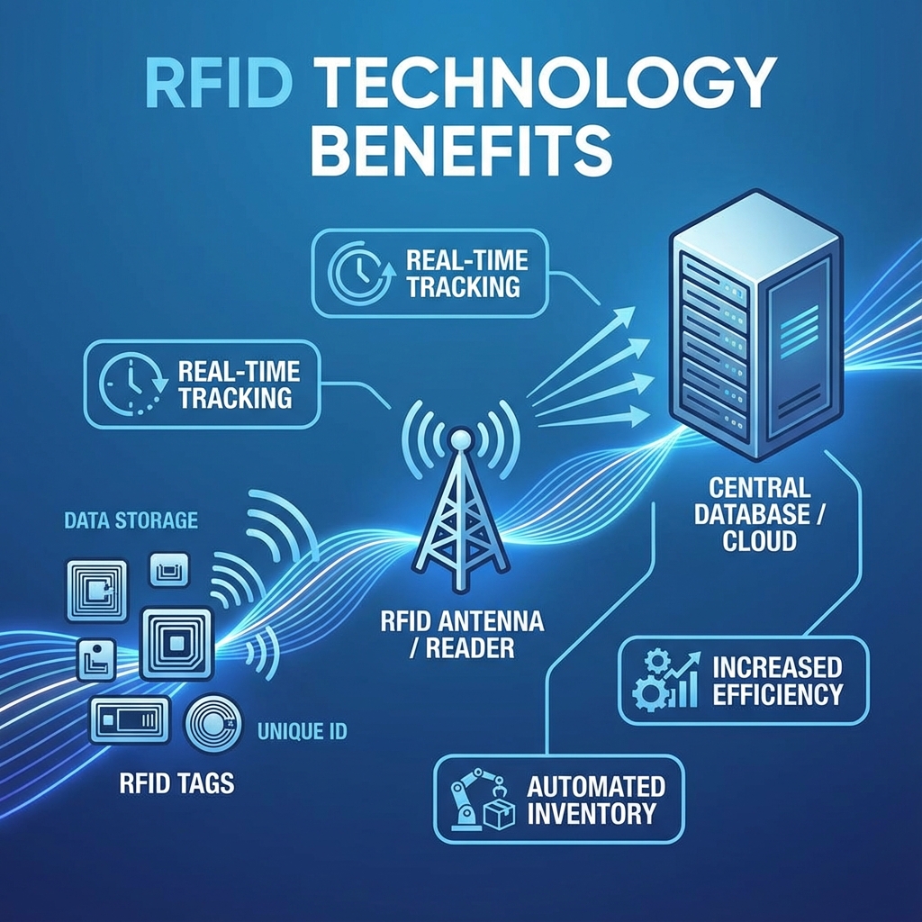 RFID technology benefits infographic showing real-time tracking, central database, and automated inventory