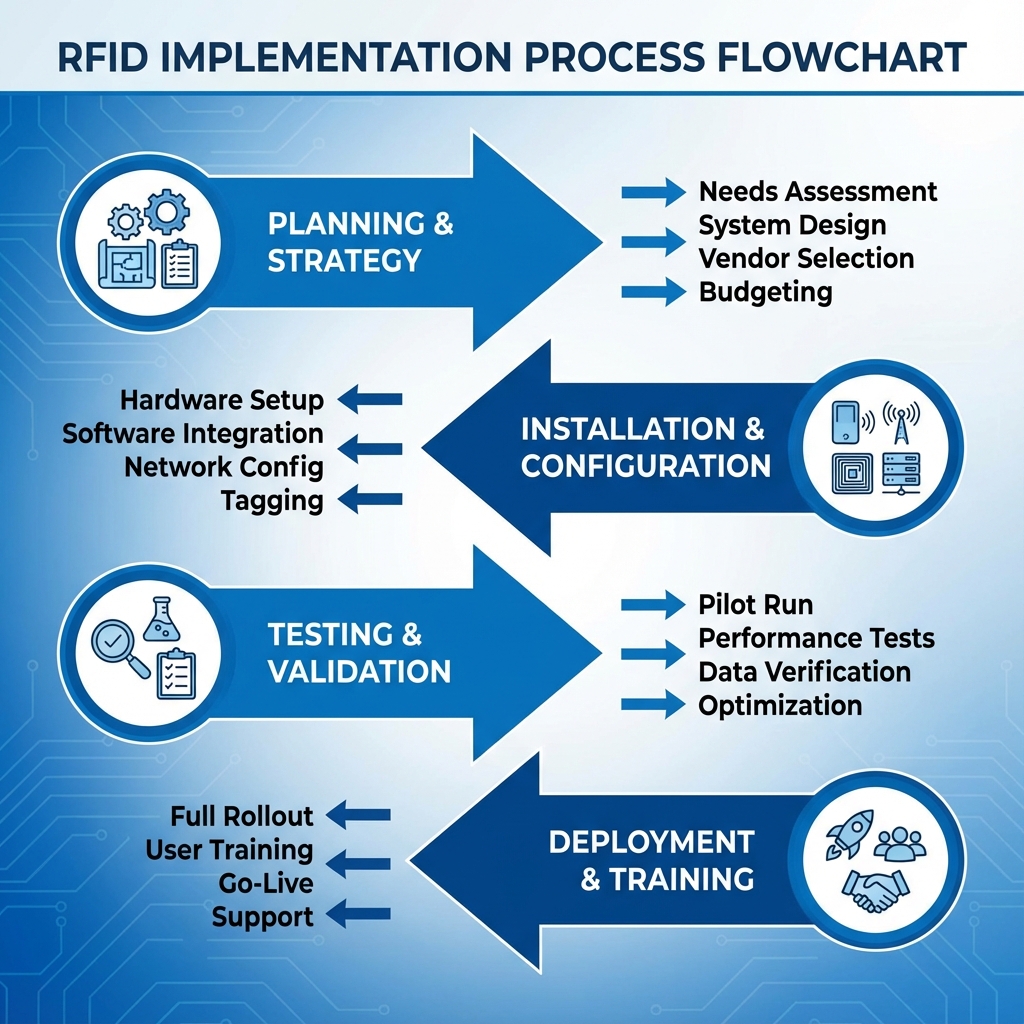 Step-by-step RFID implementation process flowchart showing planning, installation, testing, and deployment