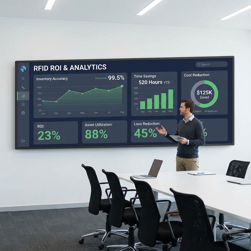 RFID ROI analytics dashboard showing inventory accuracy, time savings, and cost reduction metrics