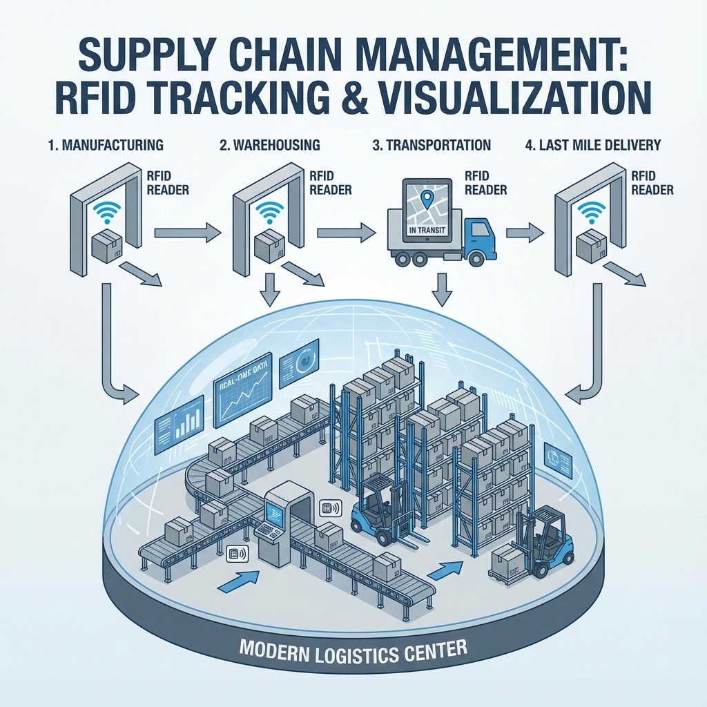 Supply chain management with RFID tracking visualization showing manufacturing to delivery