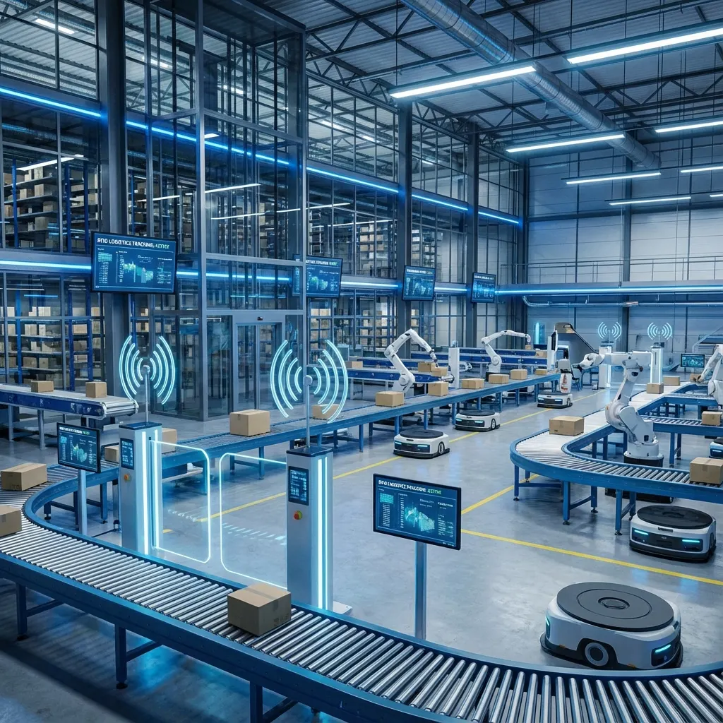 Warehouse Automation with RFID Technology Automated warehouse facility with RFID gates, conveyor systems, and robotic automation